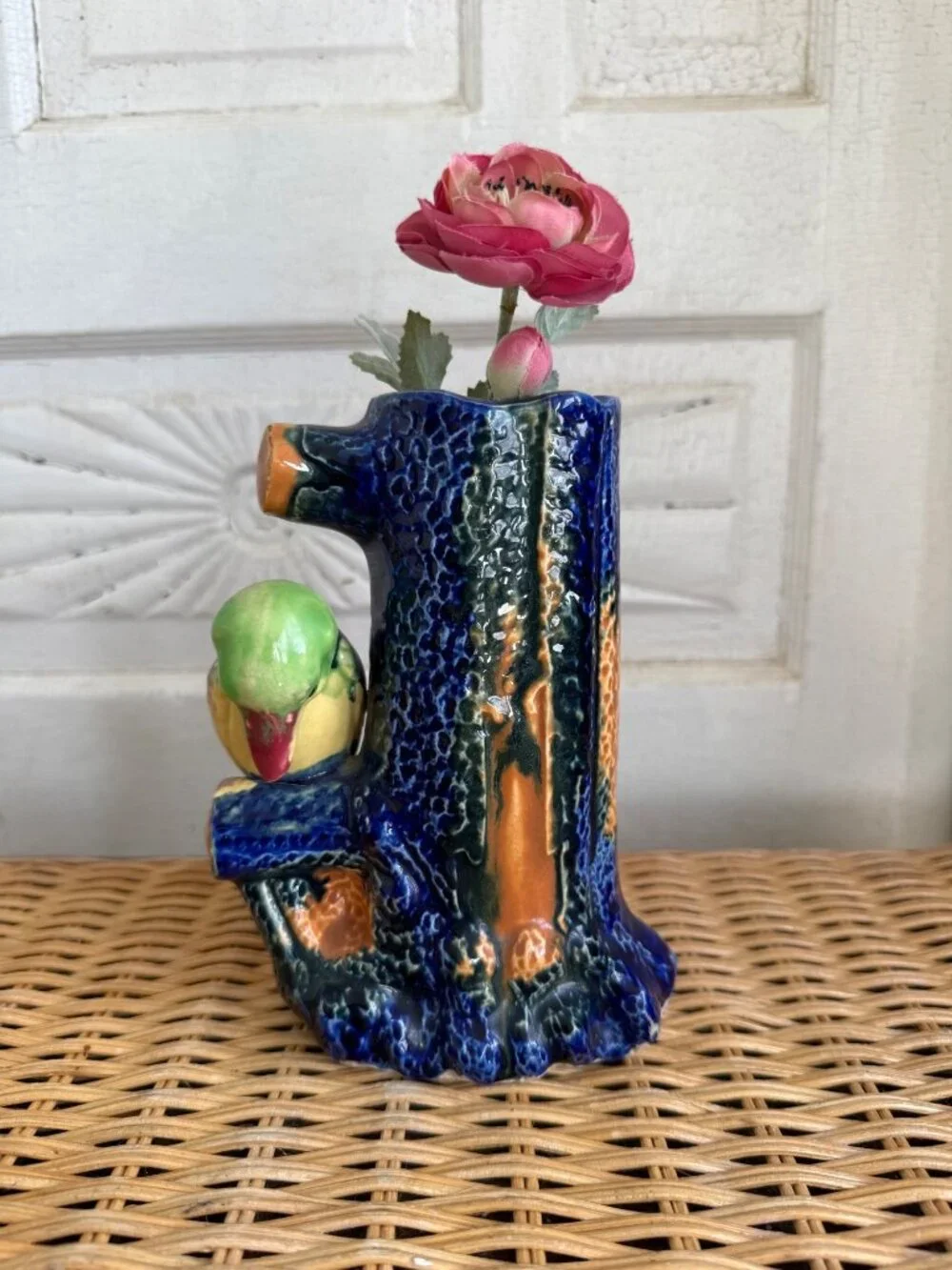 Vintage 50's Japan Blue Tree Stump Vase King Fisher Bird Vase Whimsical